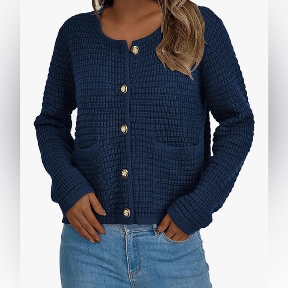 Ofeefan Sweaters - Large Navy Waffle Knit gold Button pockets Cardigan New England Coastal vibe